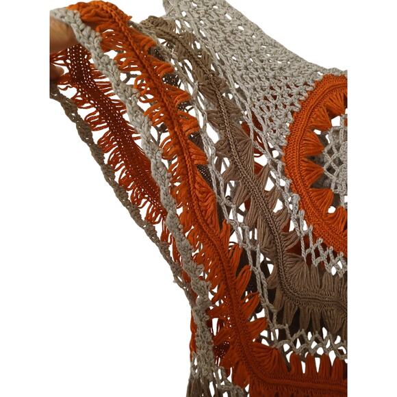 Vntg 90s Crochet Top Hairpin Lace Overlay Sweater Sz M Gray Orange Hippie Gypsy - Picture 9 of 15